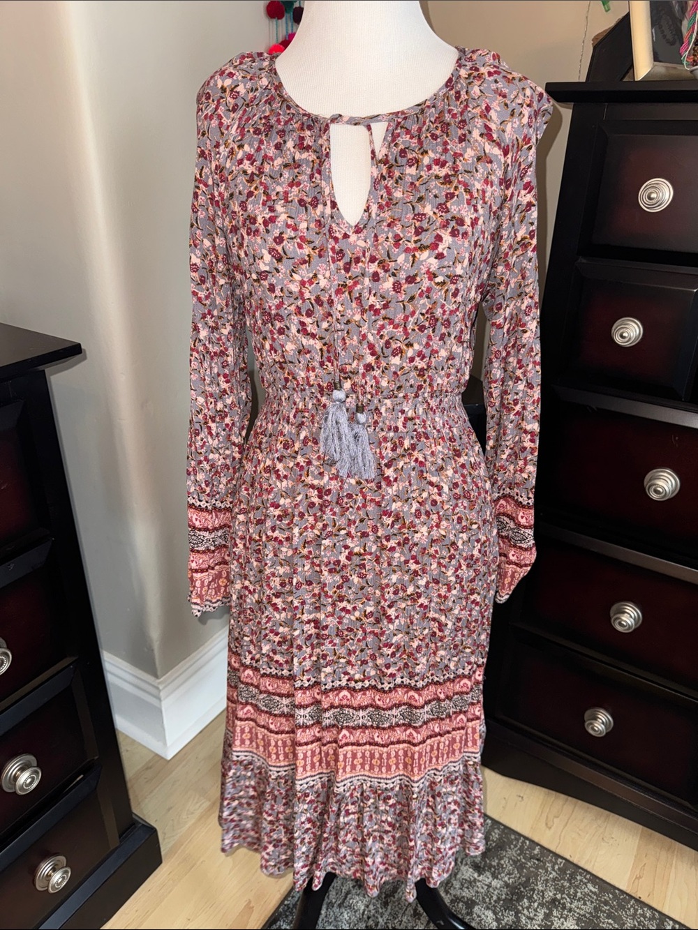 Floral Boho Long Sleeve Midi Dress in Mauve Pink